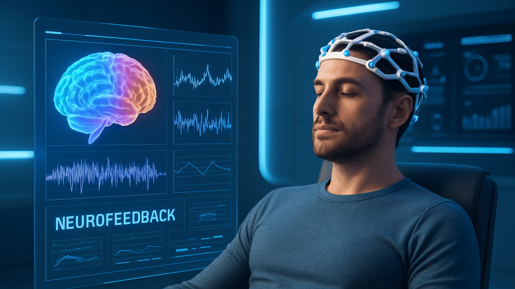 high-performing adult using futuristic neurofeedback machine